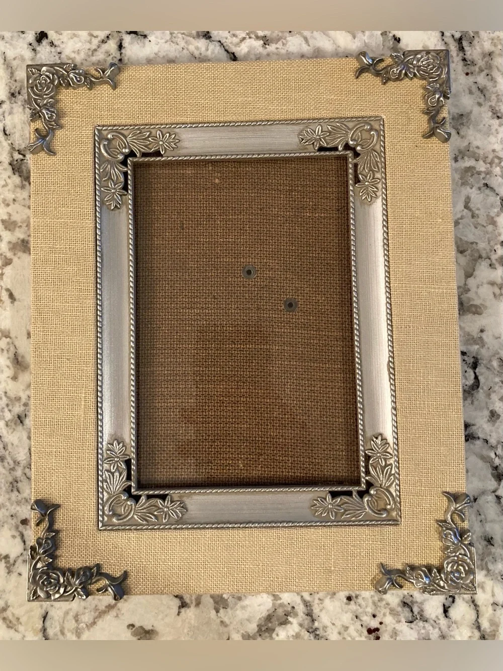 2 Ornate Picture Frames, Silver Toned, Scroll, Burlap